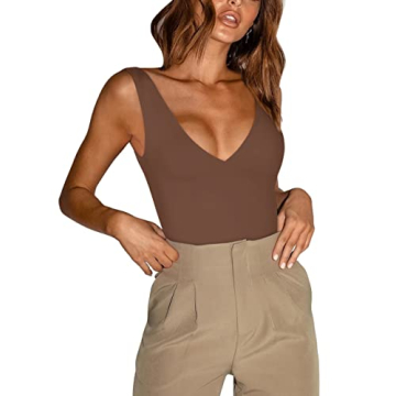 REORIA Women's Summer Sexy Plunge Deep V Neck Sleeveless Double Lined Bodysuit