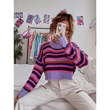 MakeMeChic Women's Y2K Striped Cropped Sweaters Long Sleeve Crew Neck Knitted Crochet Sweater Pullovers Tops Purple S