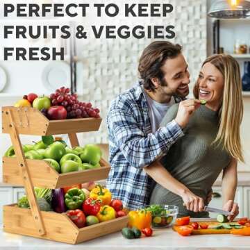 KOMFORA Bamboo Fruit Basket 3-Tier - Premium Produce Basket for Kitchen w/ 2 Hangers - Durable & Eas...