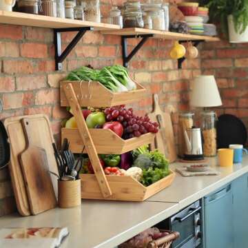 KOMFORA Bamboo Fruit Basket 3-Tier - Premium Produce Basket for Kitchen w/ 2 Hangers - Durable & Easy to Assemble Fruit Stand for Countertop - Perfect Fruit Holder for Vegetables, Bread & Snacks