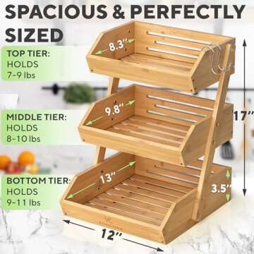 KOMFORA Bamboo Fruit Basket 3-Tier - Premium Produce Basket for Kitchen w/ 2 Hangers - Durable & Easy to Assemble Fruit Stand for Countertop - Perfect Fruit Holder for Vegetables, Bread & Snacks