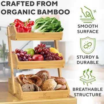 KOMFORA Bamboo 3-Tier Fruit Basket - Perfect Kitchen Organizer