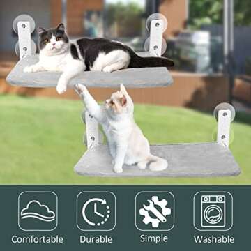 Sunhoo Cat Window Hammock Perch Cordless Perches Window Sill Seat Bed Foldable Stable Lounger Upgraded Suction Cup Easy Assembly Indoor Cats Kitty Shelf Hold Up to 55lbs (Grey, M)
