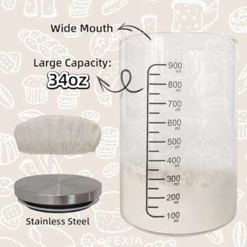 FEXIA Sourdough Bread Starter Jar- 34 Oz Wide Mouth Container Jar- Home Baking Supplies with Date Marked Feeding Band, Thermometer Bread Lame Glass Jar with 9 Kinds Tools for Kitchen