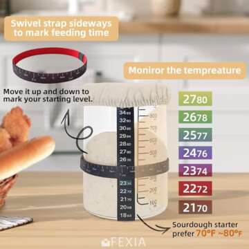 FEXIA Sourdough Bread Starter Jar- 34 Oz Wide Mouth Container Jar- Home Baking Supplies with Date Marked Feeding Band, Thermometer Bread Lame Glass Jar with 9 Kinds Tools for Kitchen