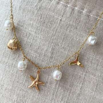 Dainty Pearl Starfish Seashell Charm Necklace for Women