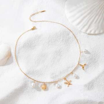 Dainty Pearl Starfish Seashell Charm Necklace for Women
