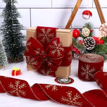 Whaline 2 Rolls Christmas Velvet Wired Ribbon 2.5 Inch Winter Snowflake Velvet Ribbon Burgundy Gold Glitter Xmas Decor Wrapping Ribbon for Gift Wrapping Bow Wreath Crafts Home Decor, 20 Yards