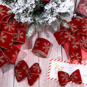 Whaline 2 Rolls Christmas Velvet Wired Ribbon 2.5 Inch Winter Snowflake Velvet Ribbon Burgundy Gold Glitter Xmas Decor Wrapping Ribbon for Gift Wrapping Bow Wreath Crafts Home Decor, 20 Yards