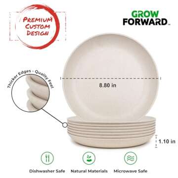Grow Forward Premium Wheat Straw Plates - 9 Inch Reusable Hard Plastic Dinner Plates Set of 8 - Unbreakable Microwave Safe Plates for Dessert, Camping, RV, Outdoors, Patio, Kitchen Dishes - Sahara