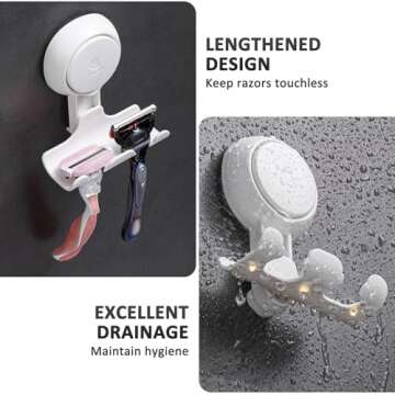 LEVERLOC Razor Holder for Shower 2 Pack, Powerful Suction Cup Shower Hooks for Towel, Loofah, Razor, Squeegee, Damage-Free Wall Hooks, Shaver Holder for Bathroom, Easy to Install and Reuse, White