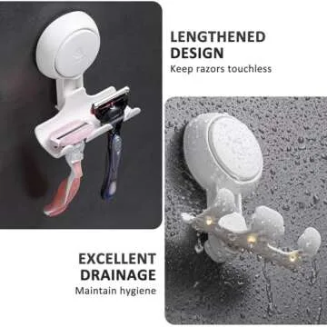LEVERLOC Razor Holder for Shower 2 Pack, Powerful Suction Cup Shower Hooks for Towel, Loofah, Razor, Squeegee, Damage-Free Wall Hooks, Shaver Holder for Bathroom, Easy to Install and Reuse, White