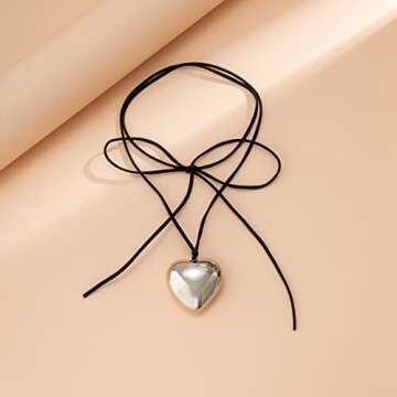 YURAOER Chunky Puffy Heart Choker Necklace - Big Heart Pendant Adjustable Velvet Chain Heart Necklaces for Women Y2K Trendy Jewelry Accessories (silver plated)