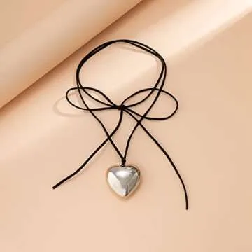 YURAOER Chunky Puffy Heart Choker Necklace - Big Heart Pendant Adjustable Velvet Chain Heart Necklaces for Women Y2K Trendy Jewelry Accessories (silver plated)