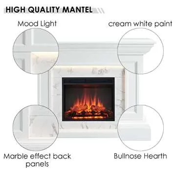 LegendFlame Fireplace Suite Sheraton, 48 Inch Mantel Surround, Cream White with Snow White Marble Pattern Finish, with 23 Inch Electric Fireplace Insert, 750W/1500W, Mood Light, Remote Control