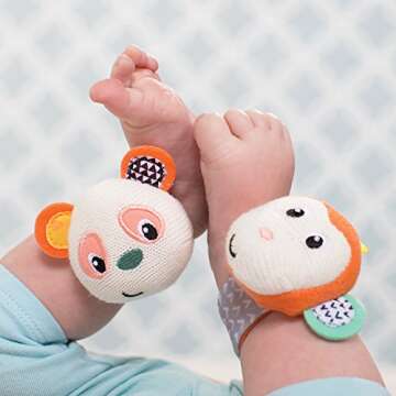 Infantino Baby Wrist Rattles, Monkey and Panda-Themed, 1-Piece Set for Babies 0M+