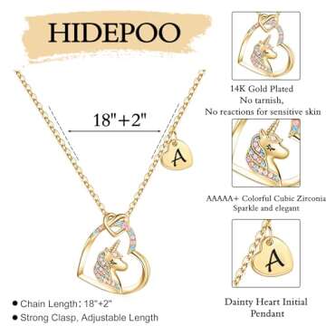Hidepoo Valentines Day Gifts - Unicorn Necklace Gifts, Colorful CZ Heart Pendant Unicorn Necklace Jewelry Birthday Gifts Unicorn Gifts A Initial Heart Unicorn Necklace Unicorn Jewelry Birthday Gifts