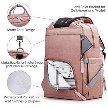Diaper Bag Backpack Upsimples Multi-Function Maternity Nappy Bags for Mom&Dad, Baby Bag with Laptop Pocket,USB Charging Port,Stroller Straps, Pink