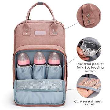Diaper Bag Backpack Upsimples Multi-Function Maternity Nappy Bags for Mom&Dad, Baby Bag with Laptop Pocket,USB Charging Port,Stroller Straps, Pink