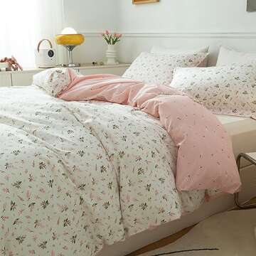 EAVD Vintage Style Garden Floral Duvet Cover King Size 100% Cotton White Pink Botanical Pattern Bedd...