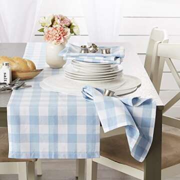 DII Buffalo Check Collection, Classic Farmhouse Tablecloth, Table Topper, 40x40, Light Blue & White