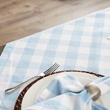 DII Buffalo Check Collection, Classic Farmhouse Tablecloth, Table Topper, 40x40, Light Blue & White