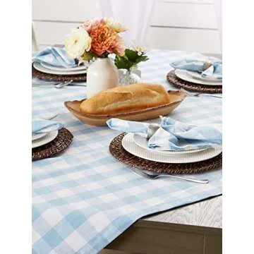 DII Buffalo Check Collection, Classic Farmhouse Tablecloth, Table Topper, 40x40, Light Blue & White