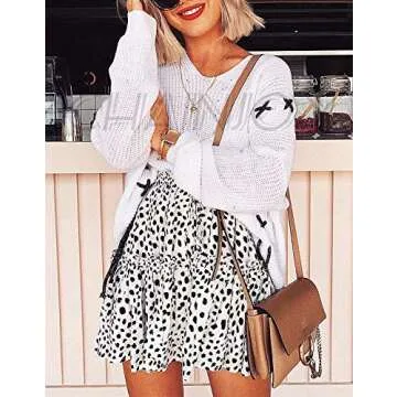 ChainJoy Womens Polka Dot High Waist Chiffon Ruffle Skirt Boho Cute Flared Pleated A-Line Frilly Mini Skater Skirts Large