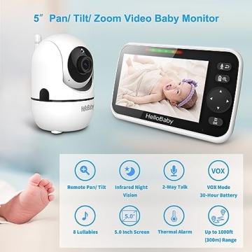 HelloBaby Upgrade Baby Monitor, 5'' Screen with 30-Hour Battery, Pan-Tilt-Zoom Video Baby Monitor with Camera and Audio No WiFi, Night Vision, VOX, 2-Way Talk, 8 Lullabies and 1000ft Range