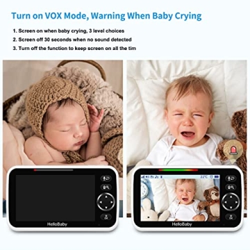 HelloBaby Upgrade Baby Monitor, 5'' Screen with 30-Hour Battery, Pan-Tilt-Zoom Video Baby Monitor with Camera and Audio No WiFi, Night Vision, VOX, 2-Way Talk, 8 Lullabies and 1000ft Range