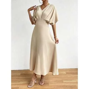 Floerns Women's V Neck Half Sleeve Ruched Cocktail Evening A Line Long Dress Apricot S
