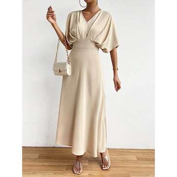 Floerns Women's V Neck Half Sleeve Ruched Cocktail Evening A Line Long Dress Apricot S