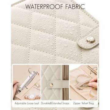 Vlando Travel Jewelry Organizer Case, Jewelry Storage Book Ring Binder with Clear Zipper Velvet Jewelry Pouches Bags for Rings,Necklace,Earrings,Valentines Day Gifts for Her-Cream White