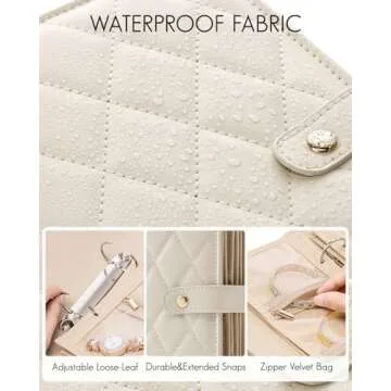 Vlando Travel Jewelry Organizer Case, Jewelry Storage Book Ring Binder with Clear Zipper Velvet Jewelry Pouches Bags for Rings,Necklace,Earrings,Valentines Day Gifts for Her-Cream White