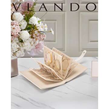 Vlando Travel Jewelry Organizer Case, Jewelry Storage Book Ring Binder with Clear Zipper Velvet Jewelry Pouches Bags for Rings,Necklace,Earrings,Valentines Day Gifts for Her-Cream White