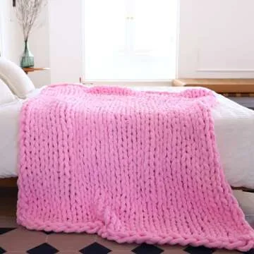 Pink Chunky Knit Throw Blanket, Soft Pink Throw Blanket Hand Knit Throw Blanket for Couch Knitted Throw Blanket Yarn Thick Boho Chunky Throws for Bed Sofa Cable Knit Blankets for Women 50x60''