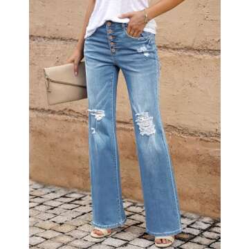 LookbookStore Womens Boot Cut Bottom Jeans Mid Rise Women Distressed Jeans Cut Out Flare Pants Fashi...