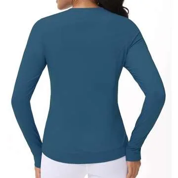 Women's Long Sleeve Compression Shirts Workout Tops Cross Hem Athletic Running Yoga T-Shirts with Thumb Hole Dark Blue Green