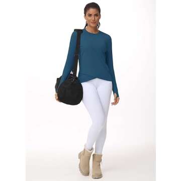 Women's Long Sleeve Compression Shirts Workout Tops Cross Hem Athletic Running Yoga T-Shirts with Thumb Hole Dark Blue Green