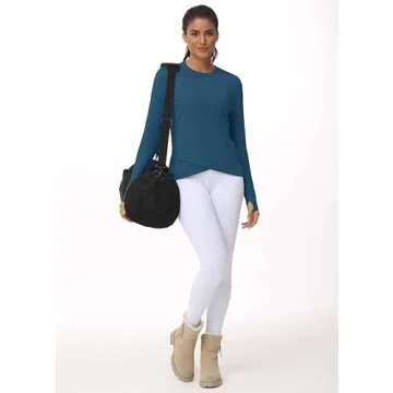 Women's Long Sleeve Compression Shirts Workout Tops Cross Hem Athletic Running Yoga T-Shirts with Thumb Hole Dark Blue Green