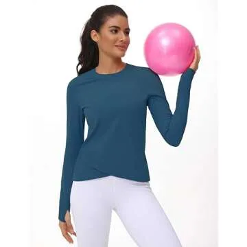 Women's Long Sleeve Compression Shirts Workout Tops Cross Hem Athletic Running Yoga T-Shirts with Thumb Hole Dark Blue Green