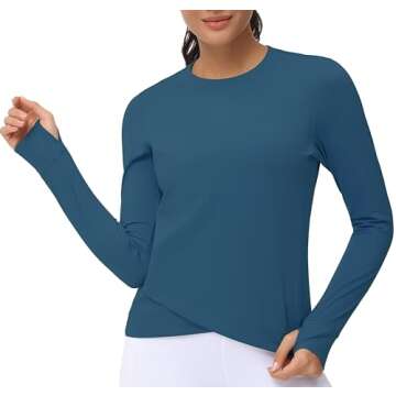 Women's Long Sleeve Compression Shirts Workout Tops Cross Hem Athletic Running Yoga T-Shirts with Thumb Hole Dark Blue Green