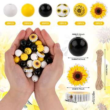 Whaline 150Pcs Sunflower Wood Beads Set Round Yellow Black White Wooden Beads Rustic Farmhouse Space...