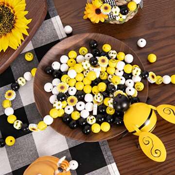 Whaline 150Pcs Sunflower Wood Beads Set Round Yellow Black White Wooden Beads Rustic Farmhouse Spacer Beads with Hemp Rope for Jewelry Making Bracelet Necklace DIY Crafts Decoration Supplies