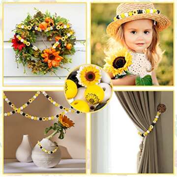 Whaline 150Pcs Sunflower Wood Beads Set Round Yellow Black White Wooden Beads Rustic Farmhouse Spacer Beads with Hemp Rope for Jewelry Making Bracelet Necklace DIY Crafts Decoration Supplies