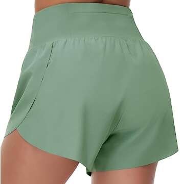 THE GYM PEOPLE Women's High Waisted Running Shorts Mesh Liner Side Split Workout Shorts Zipper Pocket Jasmine Green