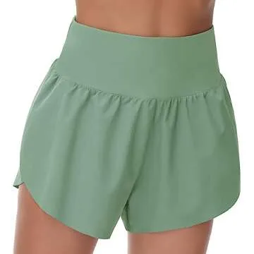 THE GYM PEOPLE Women's High Waisted Running Shorts Mesh Liner Side Split Workout Shorts Zipper Pocket Jasmine Green