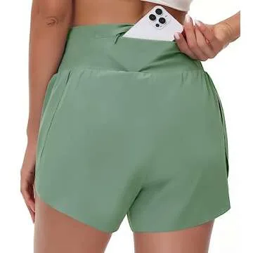 THE GYM PEOPLE Women's High Waisted Running Shorts Mesh Liner Side Split Workout Shorts Zipper Pocket Jasmine Green
