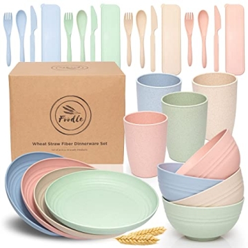 FOODLE Wheat Straw Dinnerware Set for 4 - Unbreakable & Eco-Friendly - Perfect for Kids and Camping