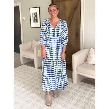 miduo Womens Casual Spring Summer V Neck Short Half Sleeve Bohemian Beach Geometric Pattern Maxi Lon...